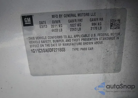 2013 Chevrolet Malibu 1Lt from USA, damaged, VIN 1G11C5SA6DF271803